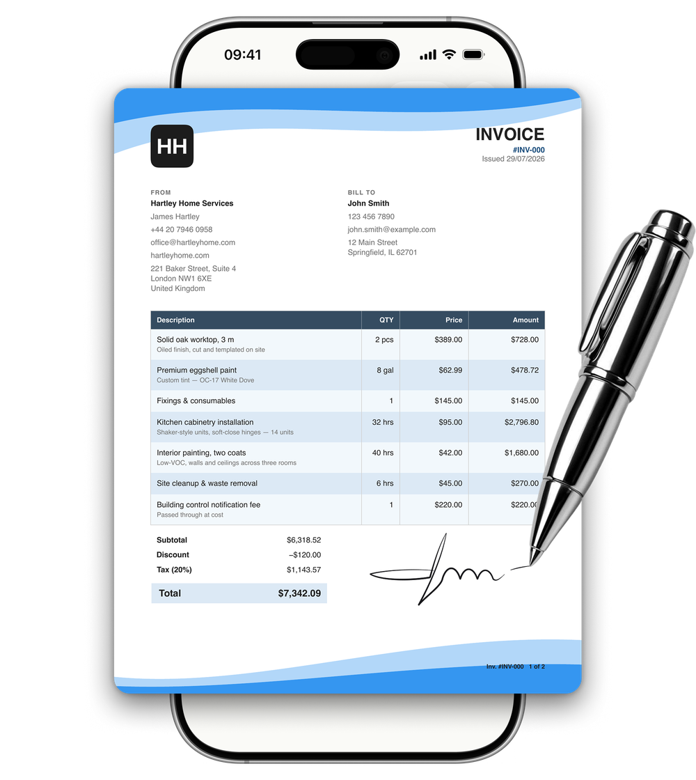 A signed invoice for a home services job, open on an iPhone