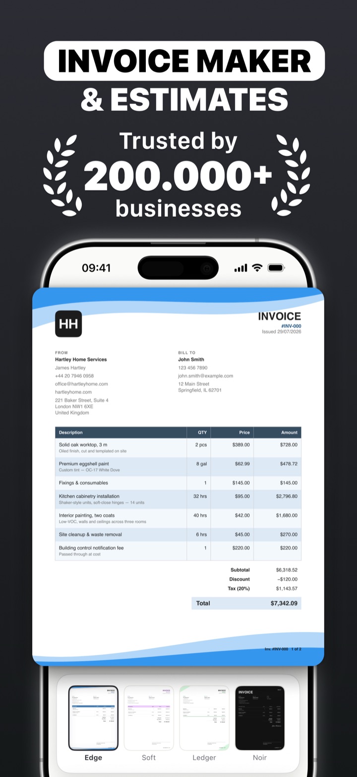 Invoice maker and estimates, an invoice preview with template picker