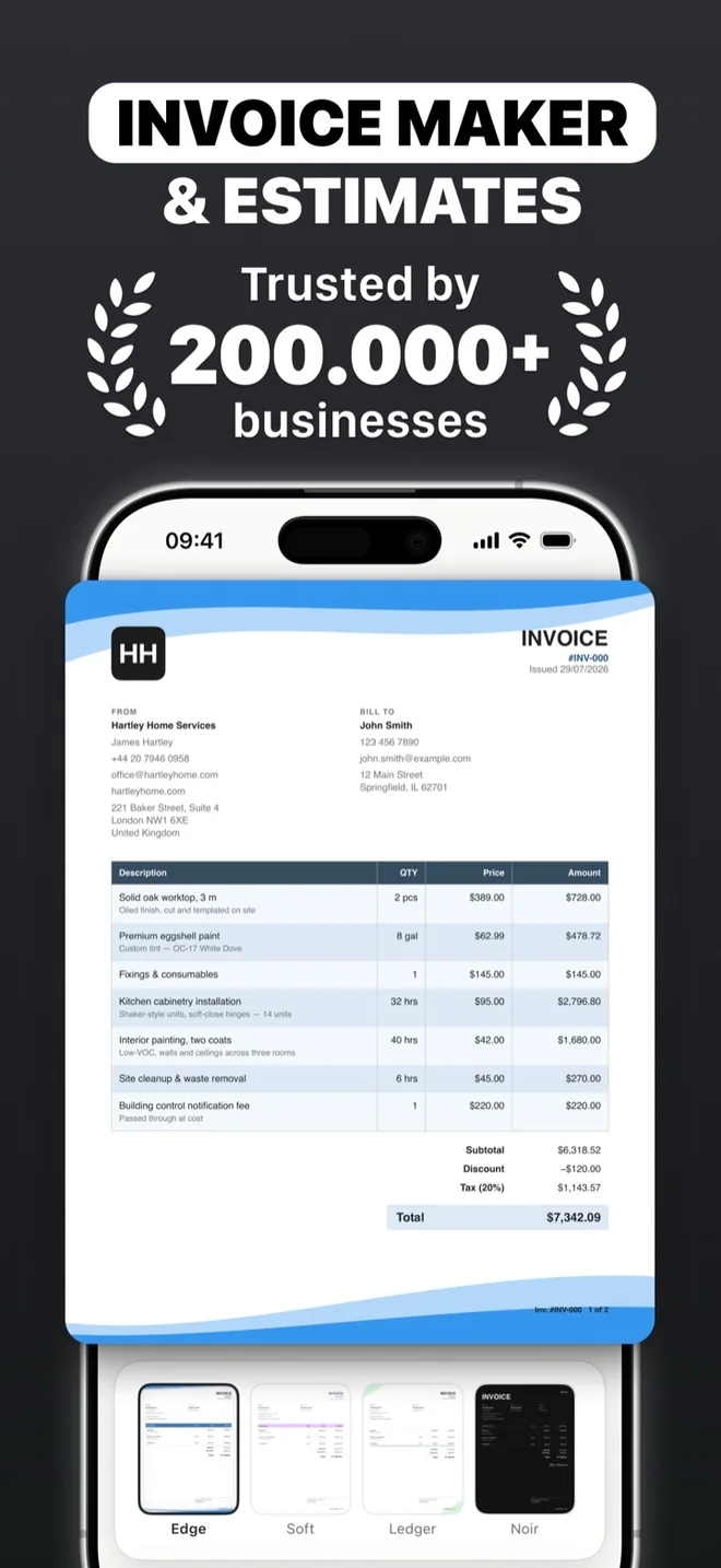 An invoice preview with the template picker open