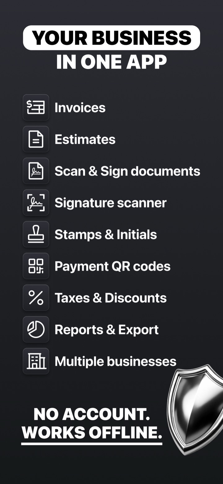 Your business in one app, invoices, estimates, signing, QR payments, reports