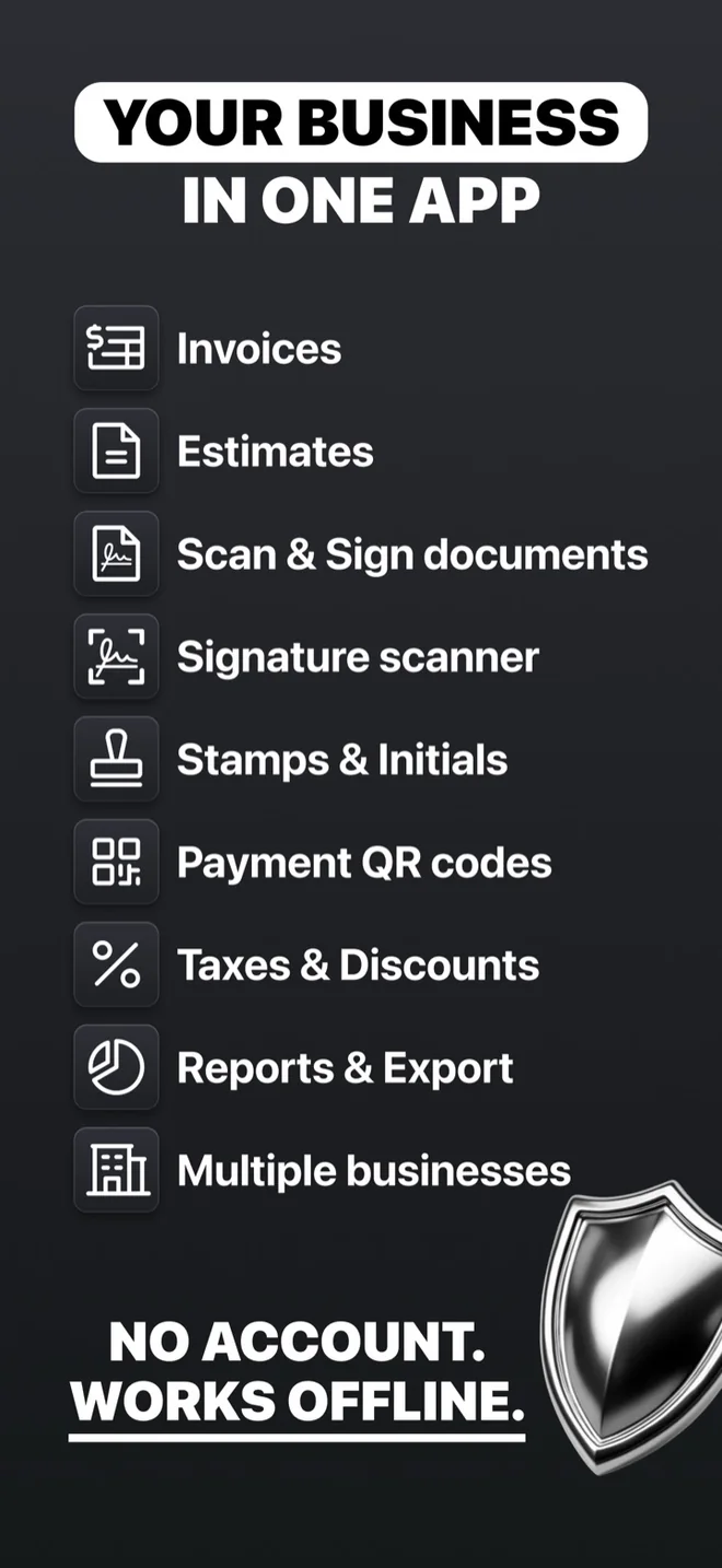 Invoices, estimates, signing, QR payments and reports in one app