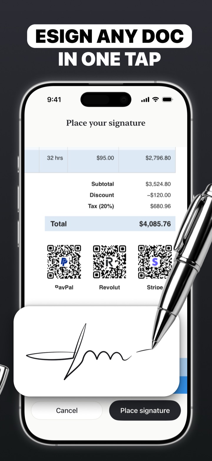 eSign any document in one tap, placing a signature on an invoice