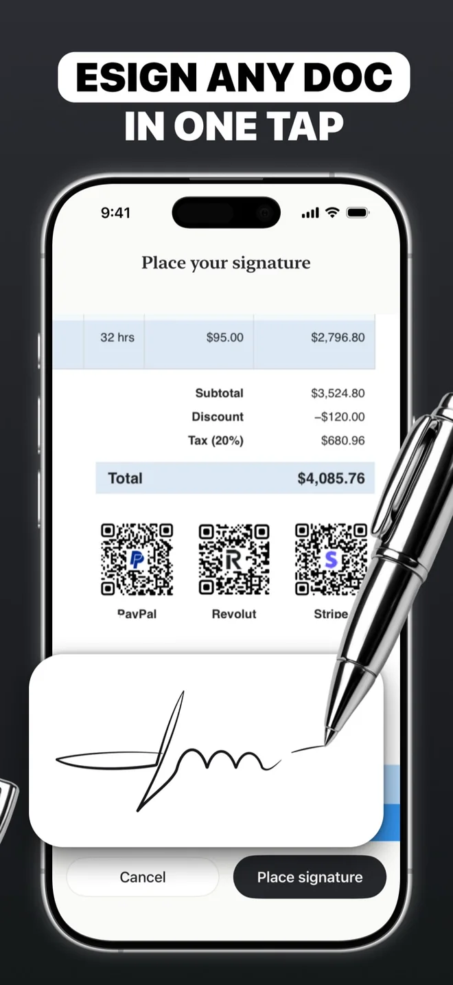 A signature being placed on an invoice inside the app