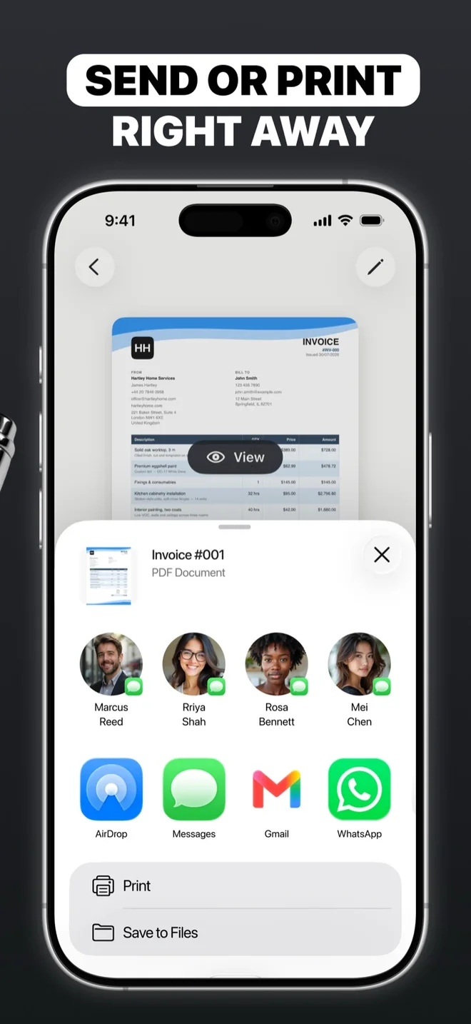 Sending or printing a finished invoice from the share sheet