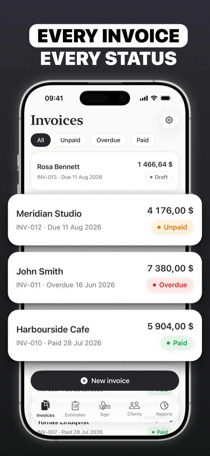 Invoice list with unpaid, overdue and paid statuses