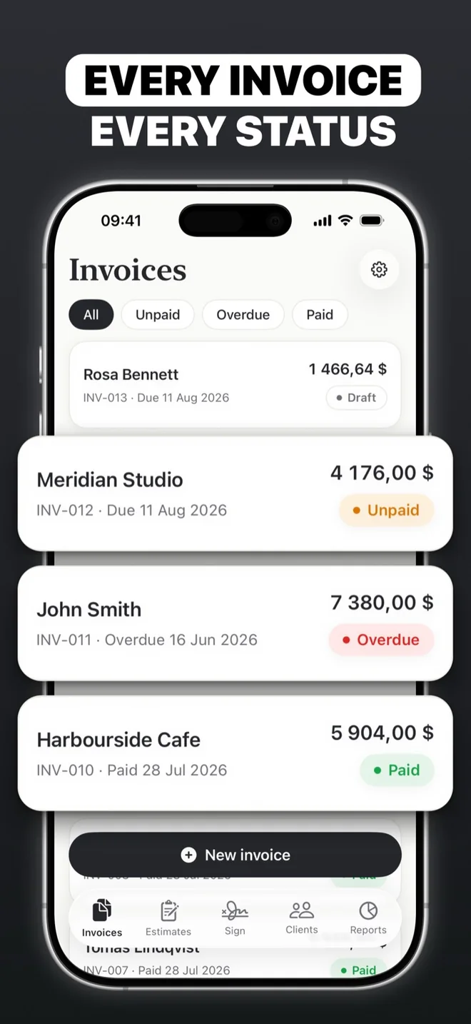 An invoice list with unpaid, overdue and paid statuses